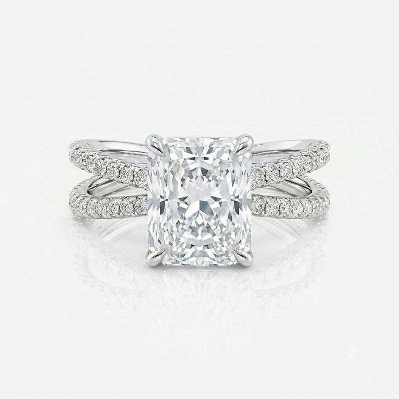 Split band radiant pave moissanite engagement ring