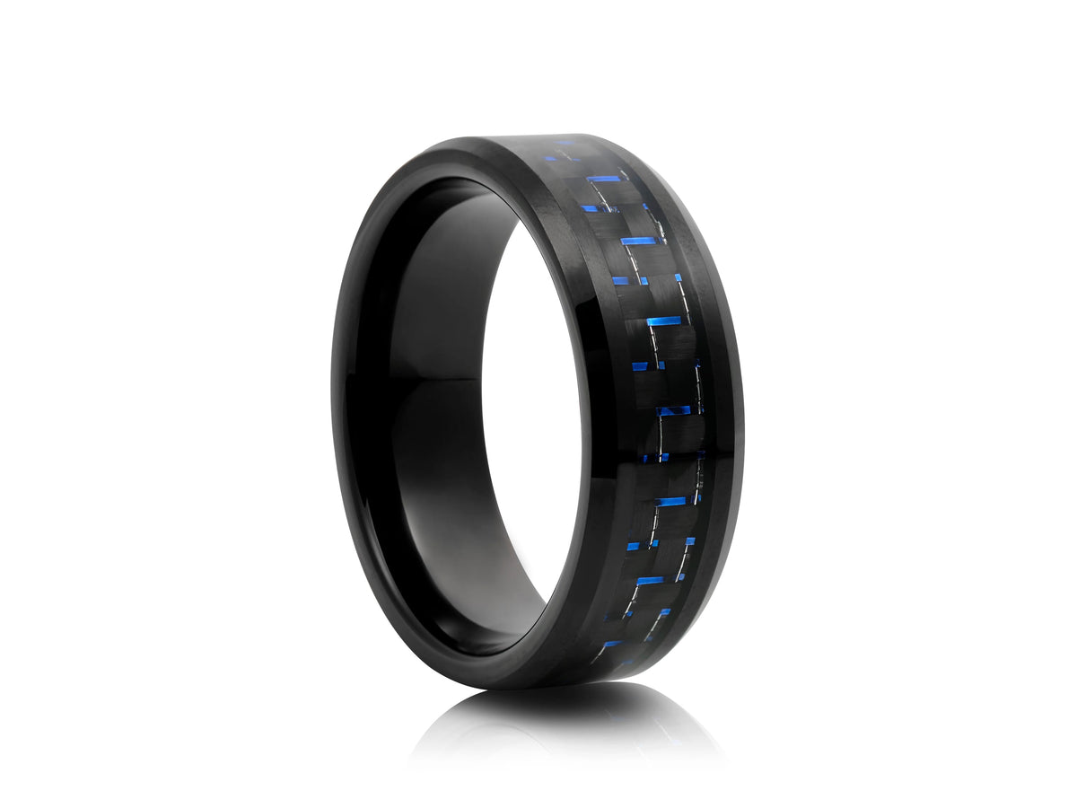8mm Black And Blue With Bevelled Edges Tungsten Ring
