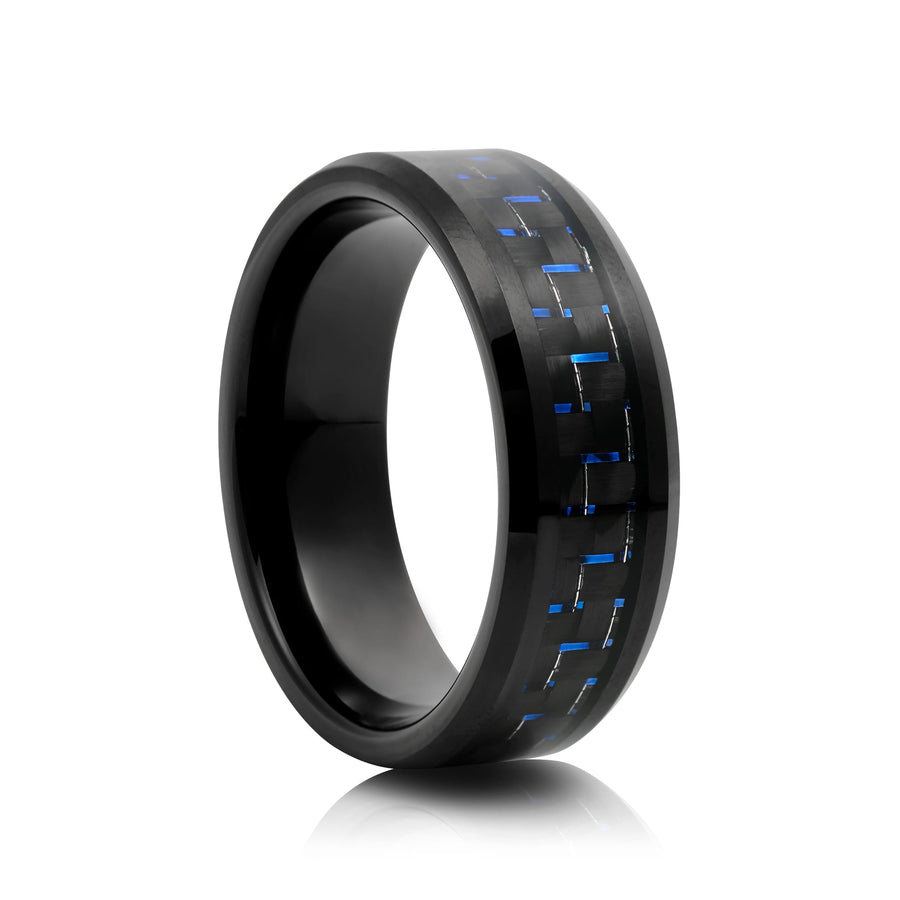 8mm Black And Blue With Bevelled Edges Tungsten Ring