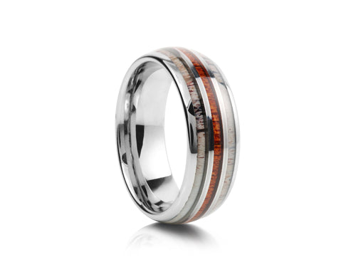 8mm Antler and Wood Inlay Tungsten Wedding Ring - UK Ring Size M