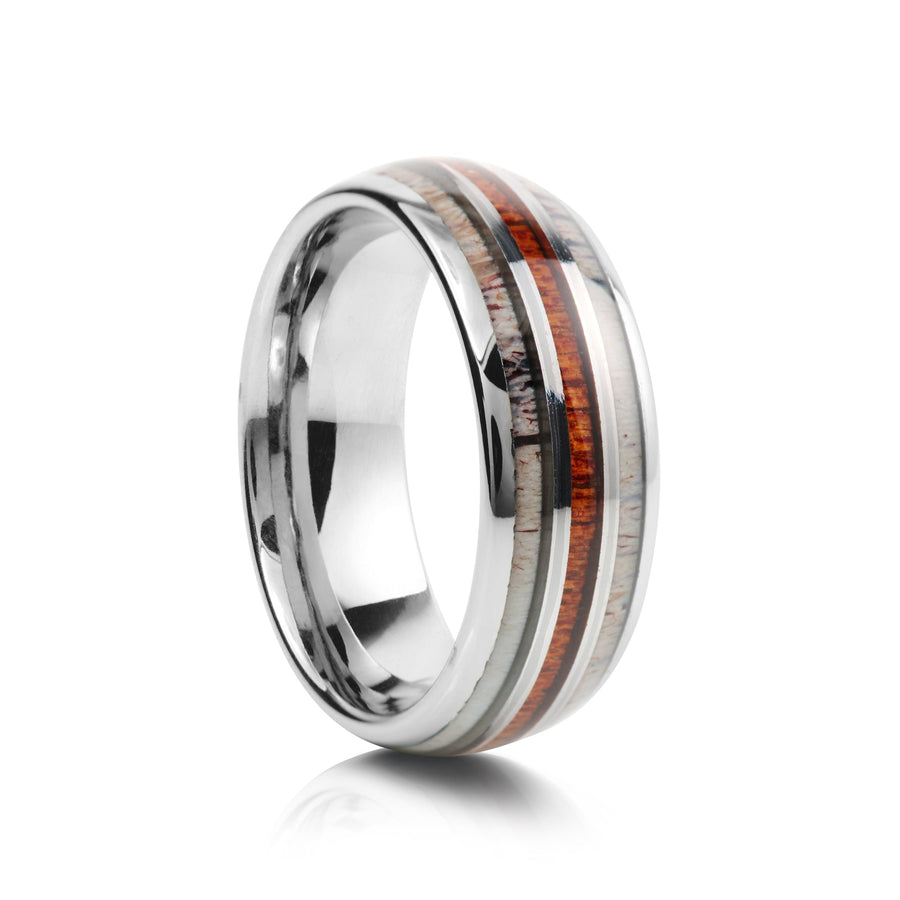 8mm Antler and Wood Inlay Tungsten Wedding Ring - UK Ring Size M