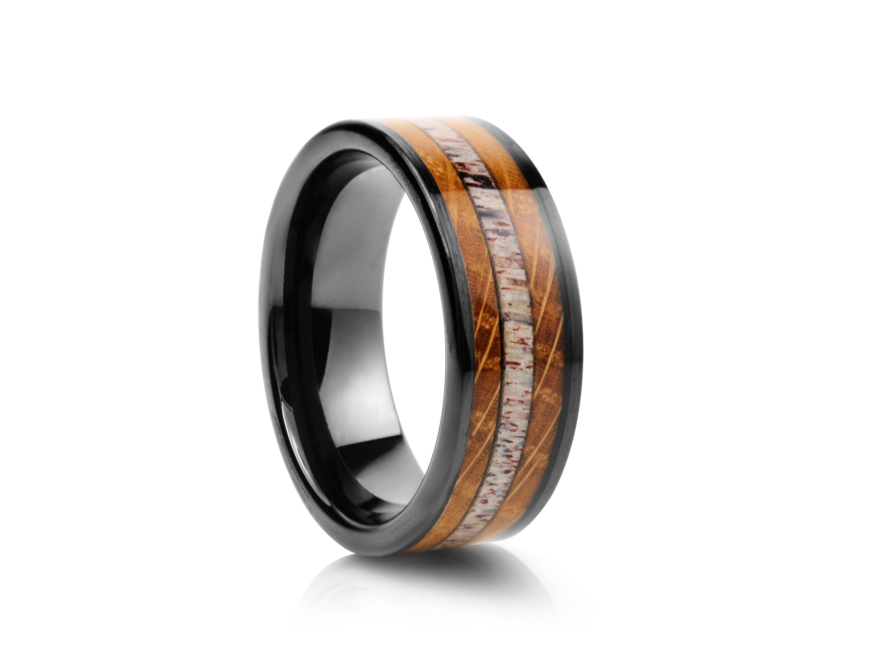 8mm Antler and Wood Inlay Tungsten Wedding Ring - UK Ring Size M
