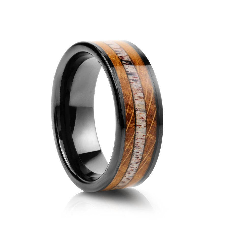 8mm Antler and Wood Inlay Tungsten Wedding Ring - UK Ring Size M
