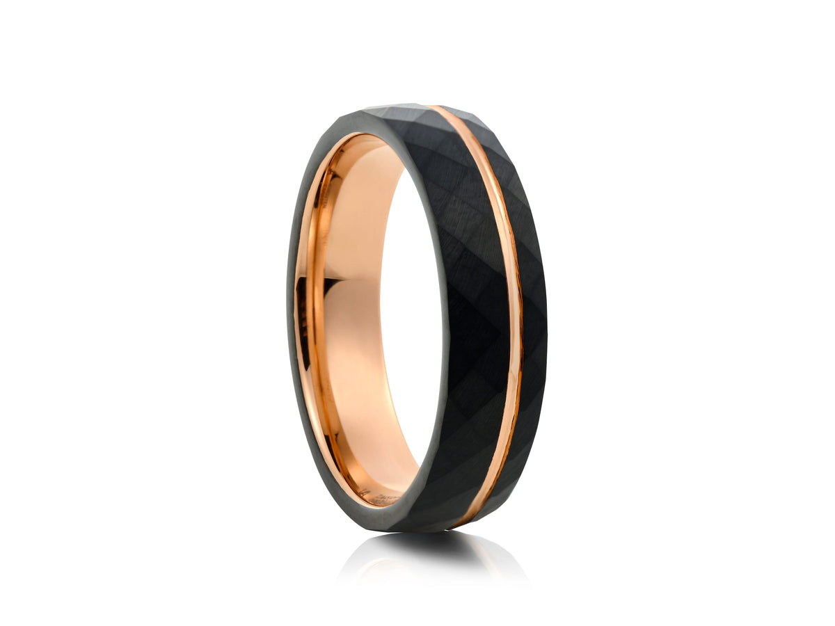 6mm Black Hammered With Rose Gold Detail Tungsten Ring