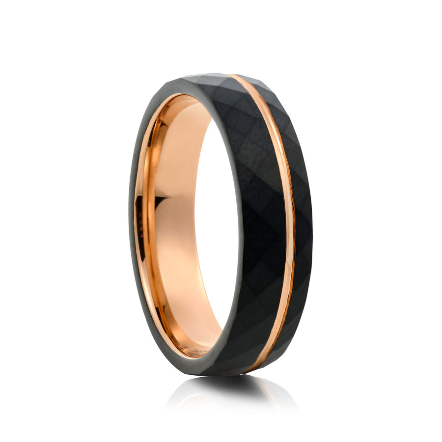 6mm Black Hammered With Rose Gold Detail Tungsten Ring