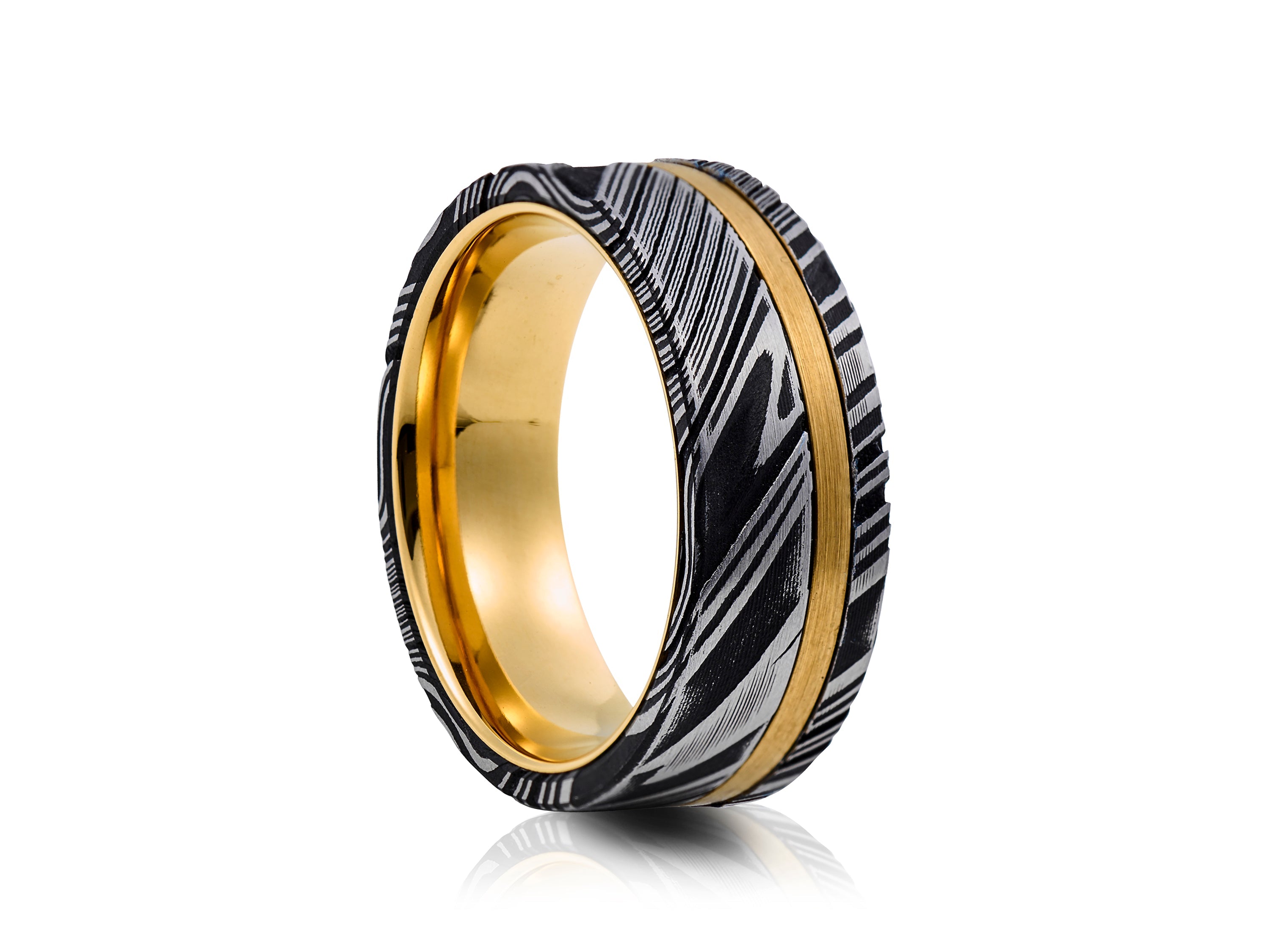 8mm Damascus Steel Ring with Gold Plating - UK Ring Size M