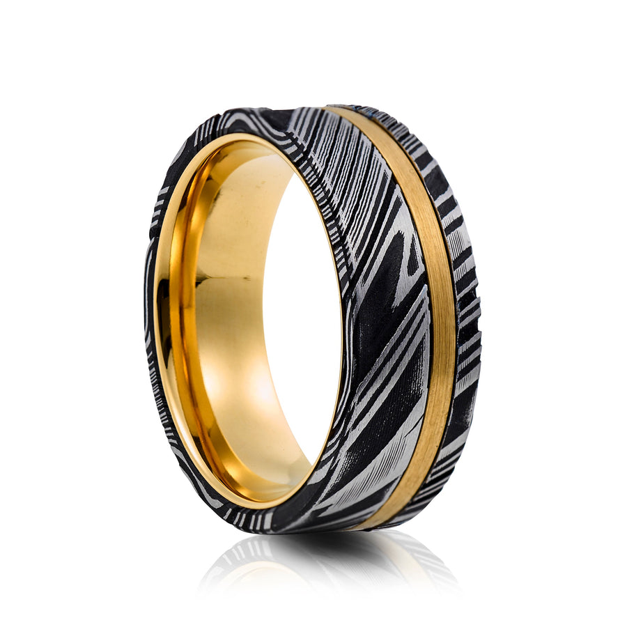 8mm Damascus Steel Ring with Gold Plating - UK Ring Size M