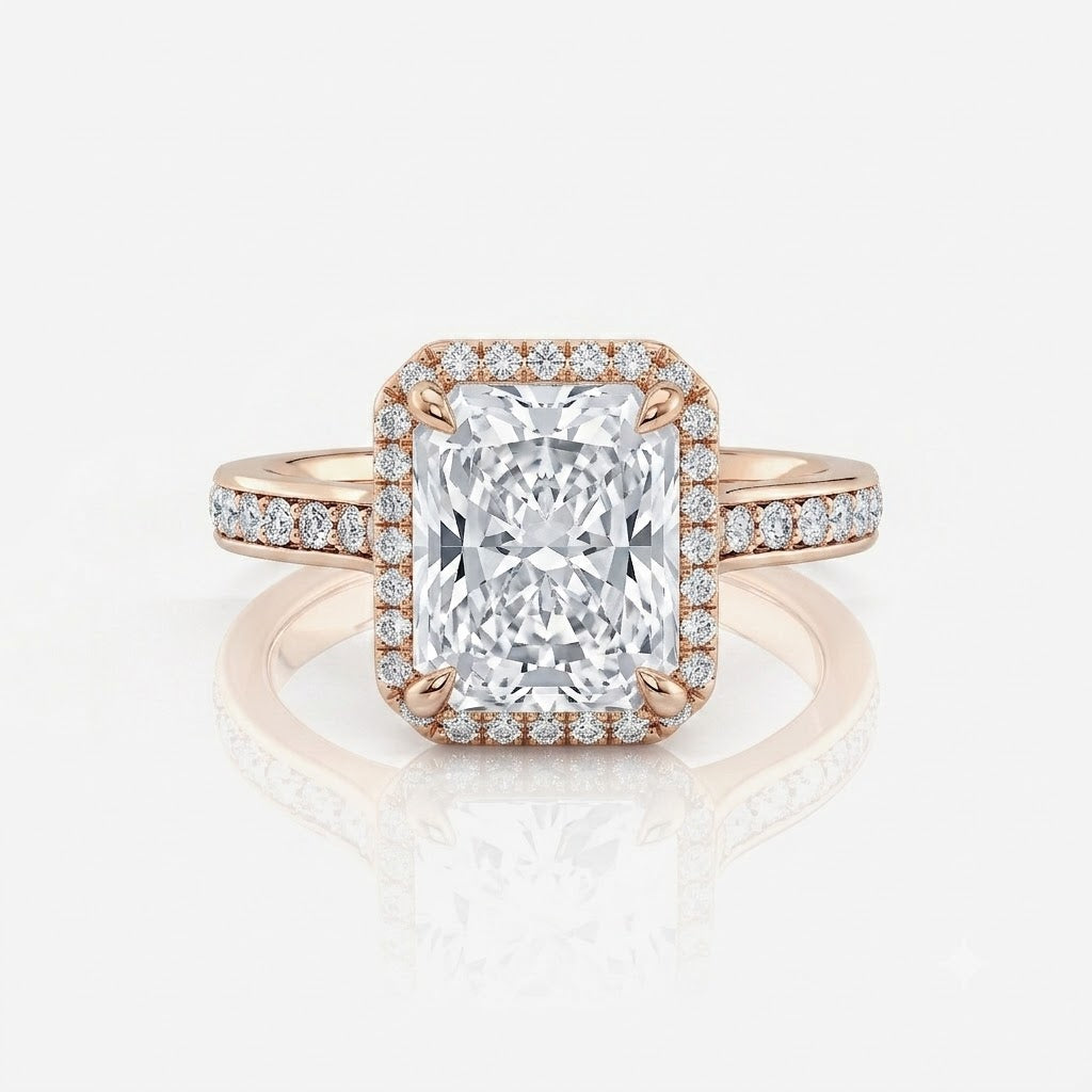 Halo Pavé Radiant Cut Moissanite Engagement Ring 9ct rose gold South Africa