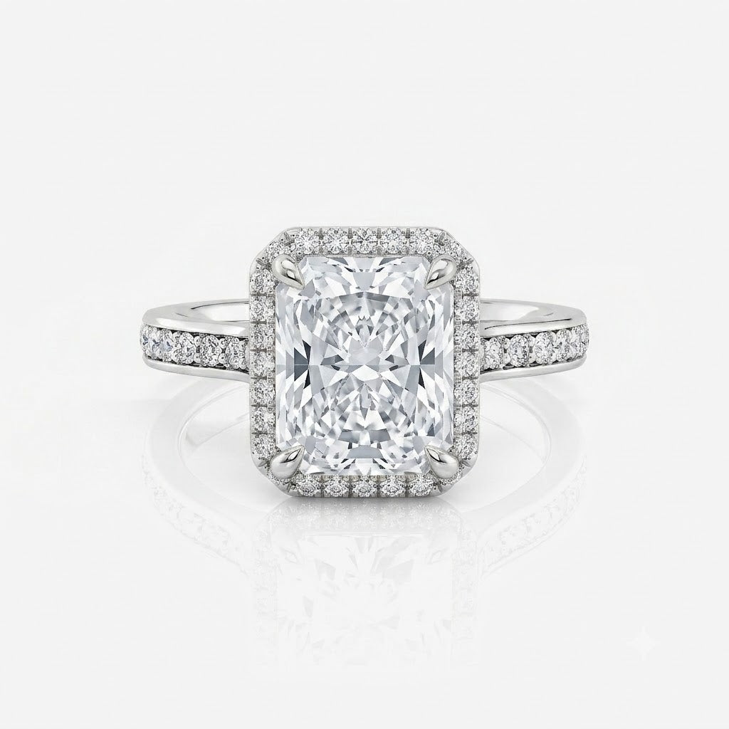Halo Pavé Radiant Cut Moissanite Engagement Ring 9ct white gold South Africa