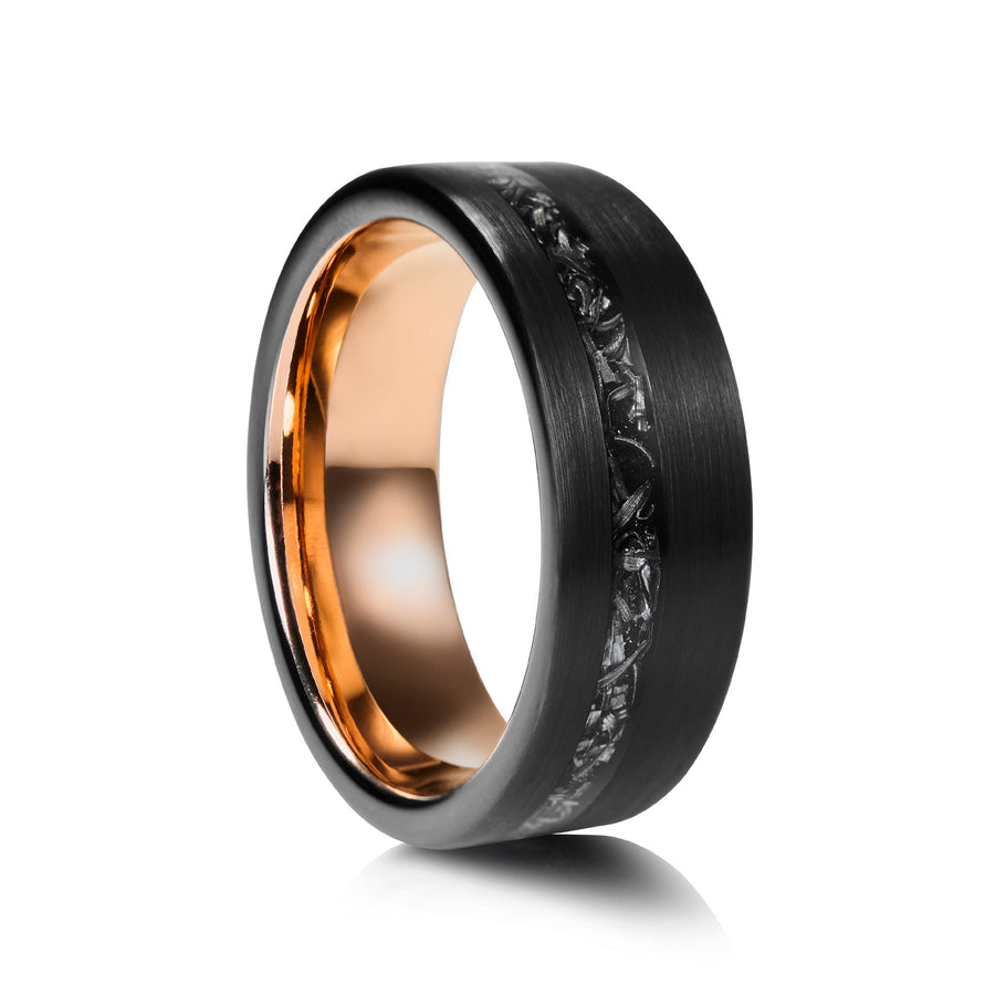 8mm Meteorite Tungsten Ring with Gold Plating - UK Ring Size M