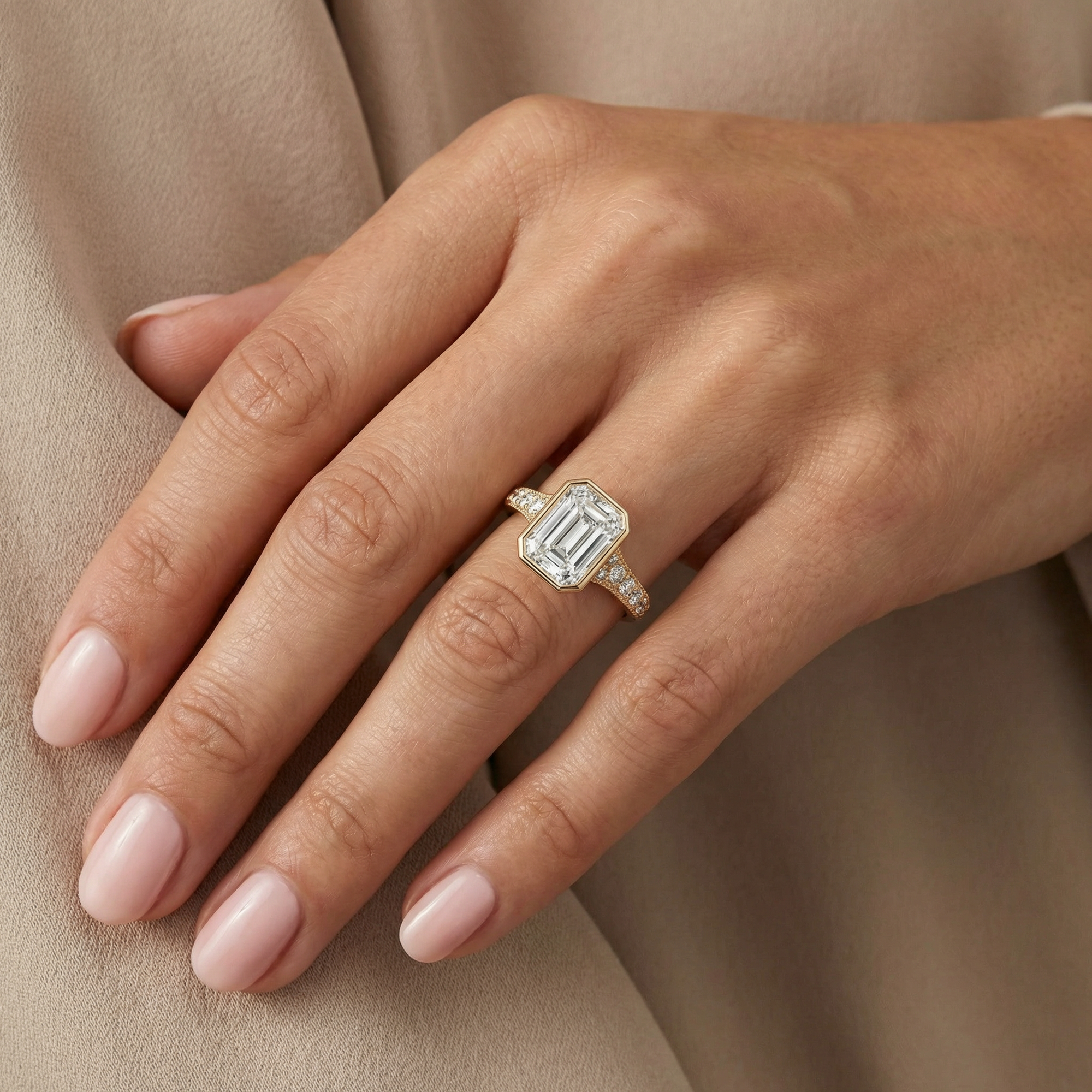 Isabella Side Stone Emerald Bezel Moissanite Engagement Ring South Africa Moissanite BY Design