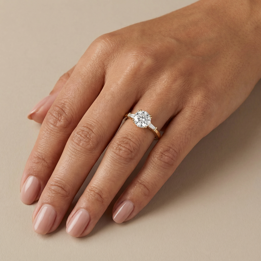 Trilogos Round Straight Baguette Trilogy Lab Diamond Engagement Ring