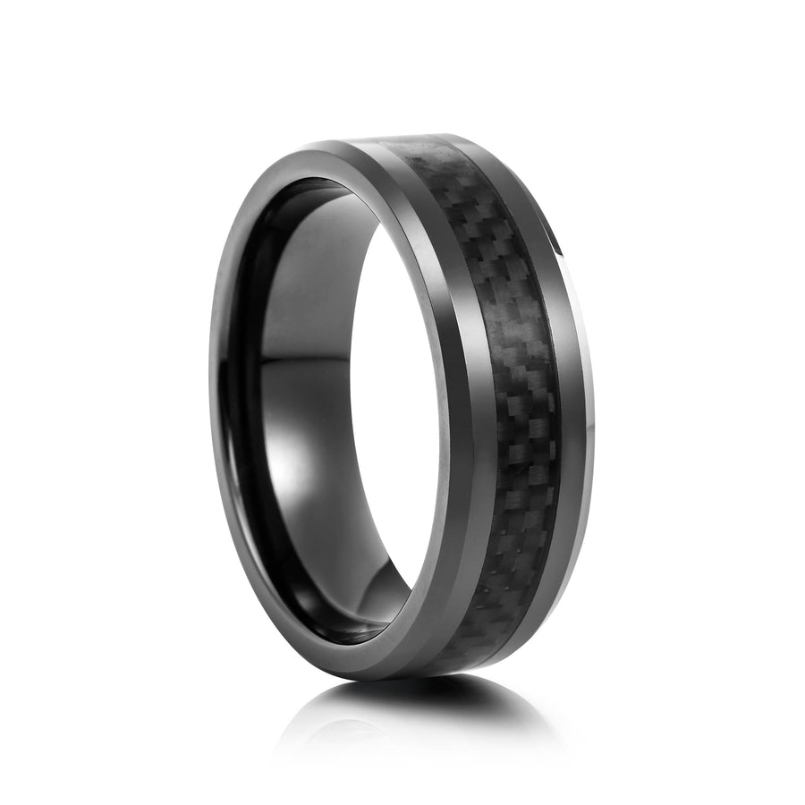 8mm Polished Tungsten Ring with Carbon Fibre Inlay - UK Ring Size M
