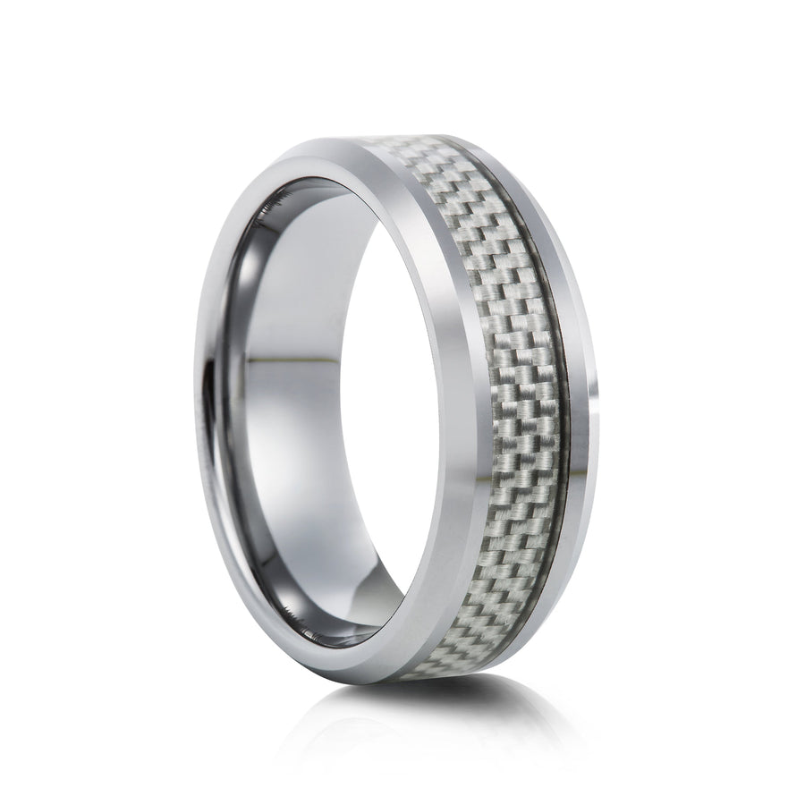 8mm Polished Tungsten Ring with Carbon Fibre Inlay - UK Ring Size M