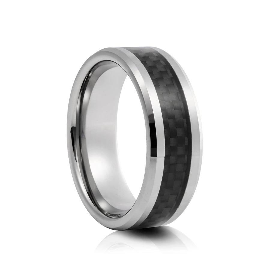 8mm Brushed Tungsten Ring with Polished Edges and Carbon Fibre Inlay - UK Ring Size M