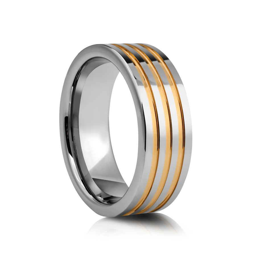 8mm Tungsten Ring with Gold Plating - UK Ring Size M