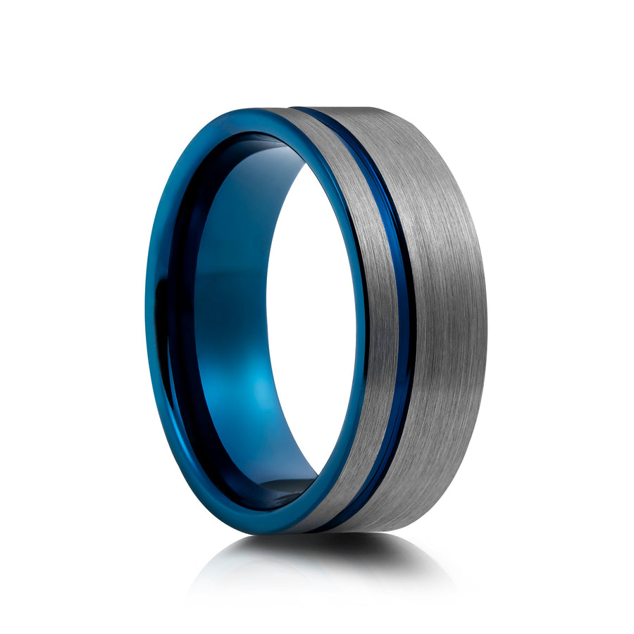 8mm Two-Tone Tungsten Ring, Brushed with Polished Centre Band - UK Ring Size M