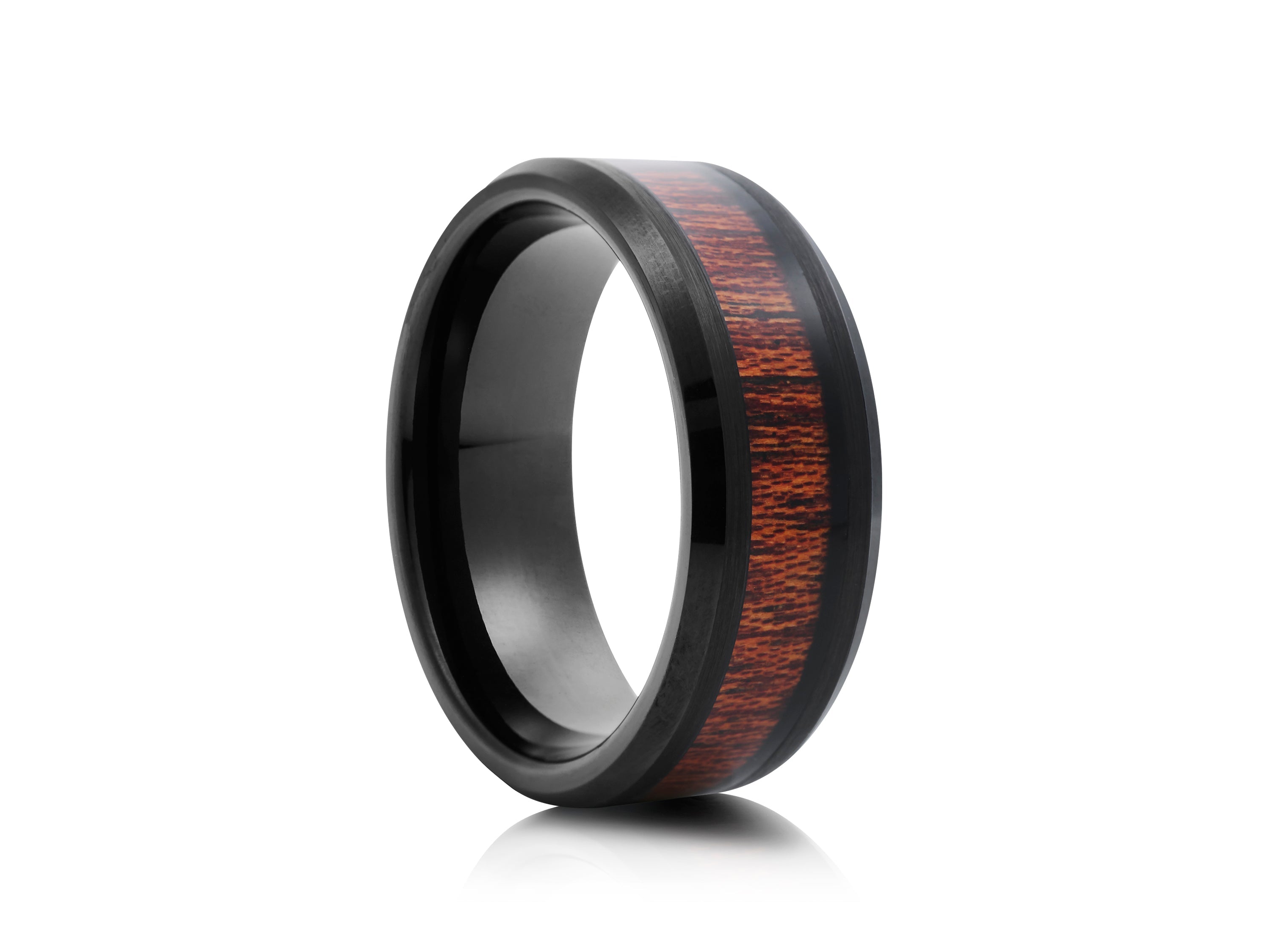 8mm Black Tungsten Ring with Wood Inlay - UK Ring Size M