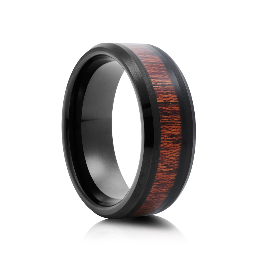 8mm Black Tungsten Ring with Wood Inlay - UK Ring Size M