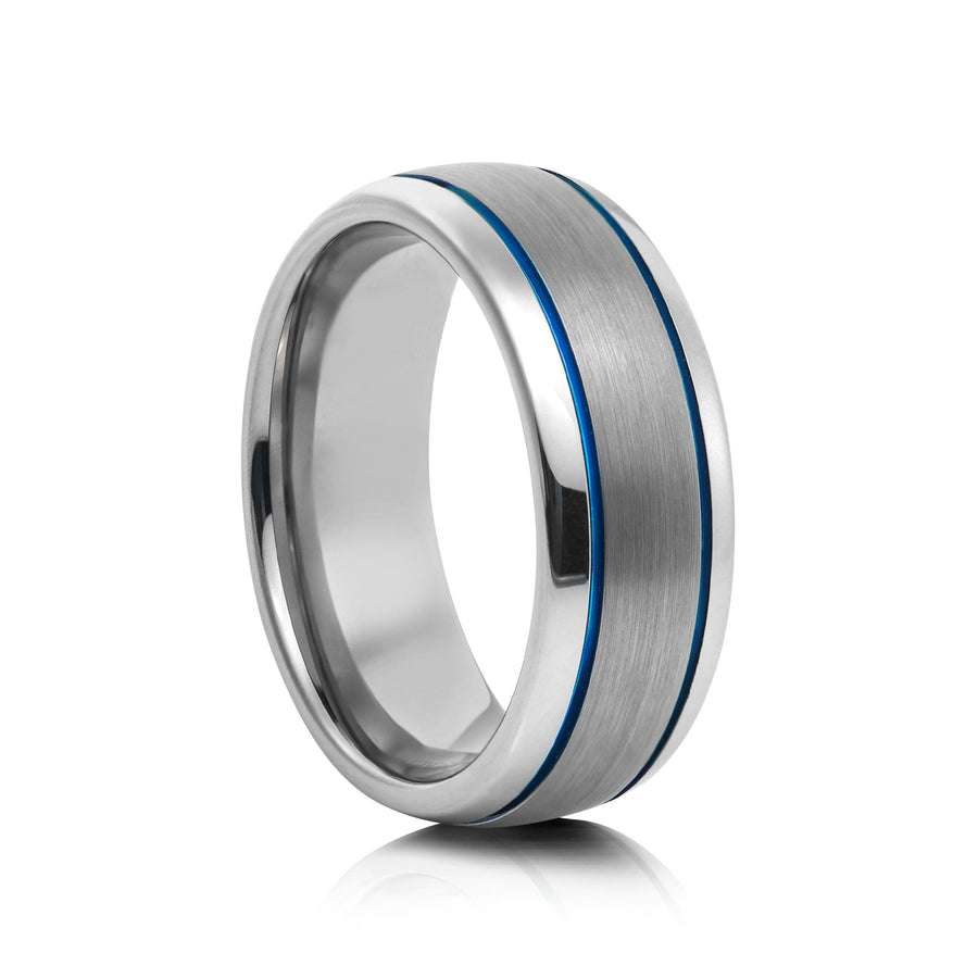 8mm Tungsten Ring with Blue Inlay - UK Ring Size M