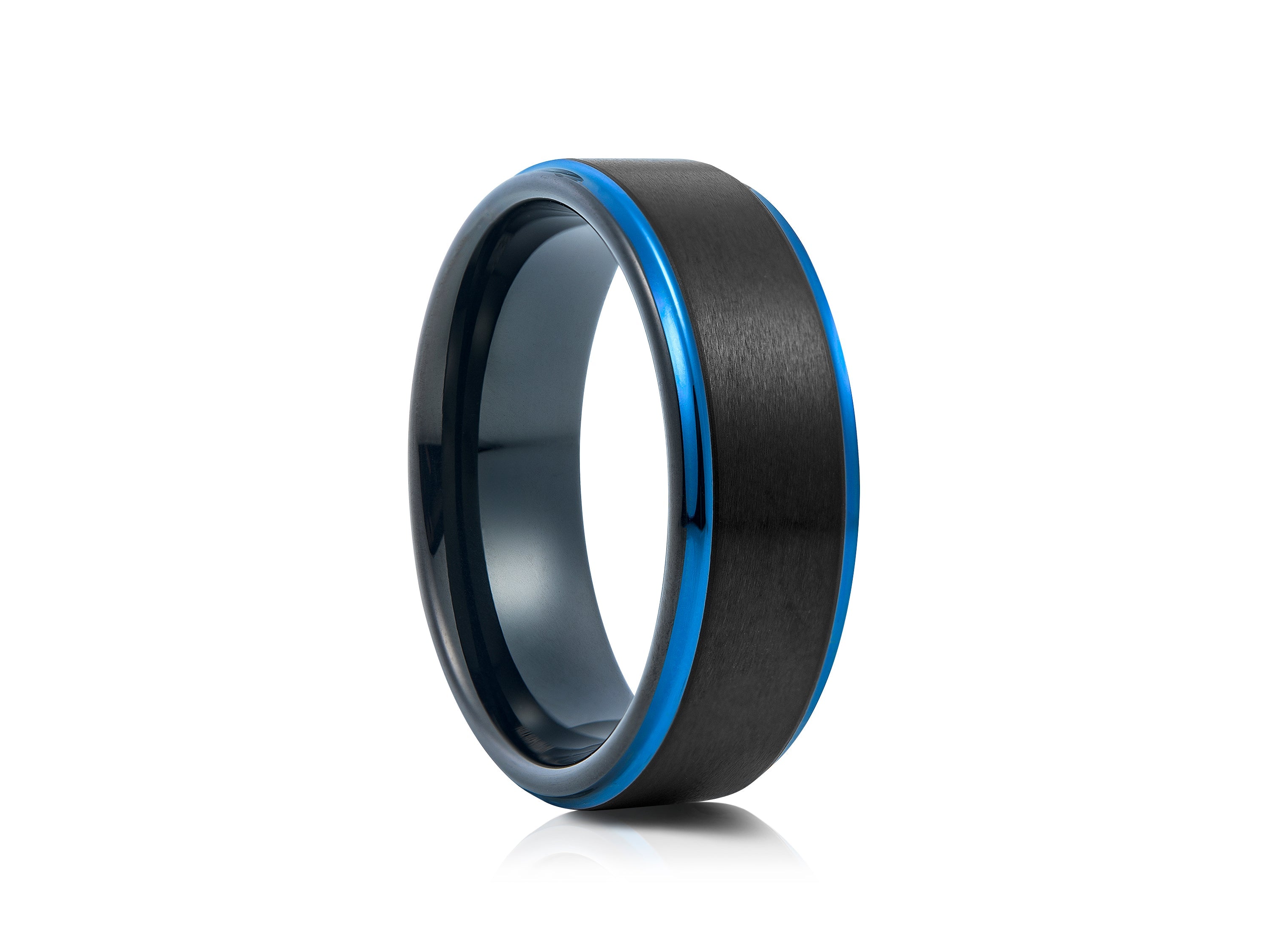 8mm Black Tungsten Ring with Blue Inlay - UK Ring Size M