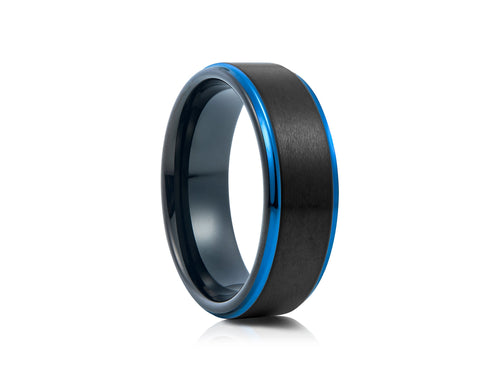 8mm Black Tungsten Ring with Blue Inlay - UK Ring Size M