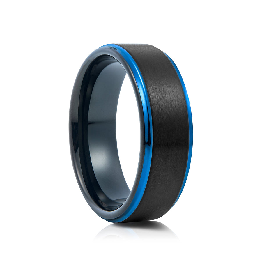 8mm Black Tungsten Ring with Blue Inlay - UK Ring Size M