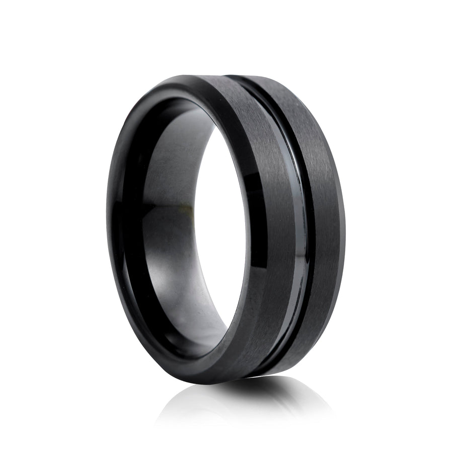 8mm Two-Tone Tungsten Ring, Brushed with Polished Centre Band - UK Ring Size M