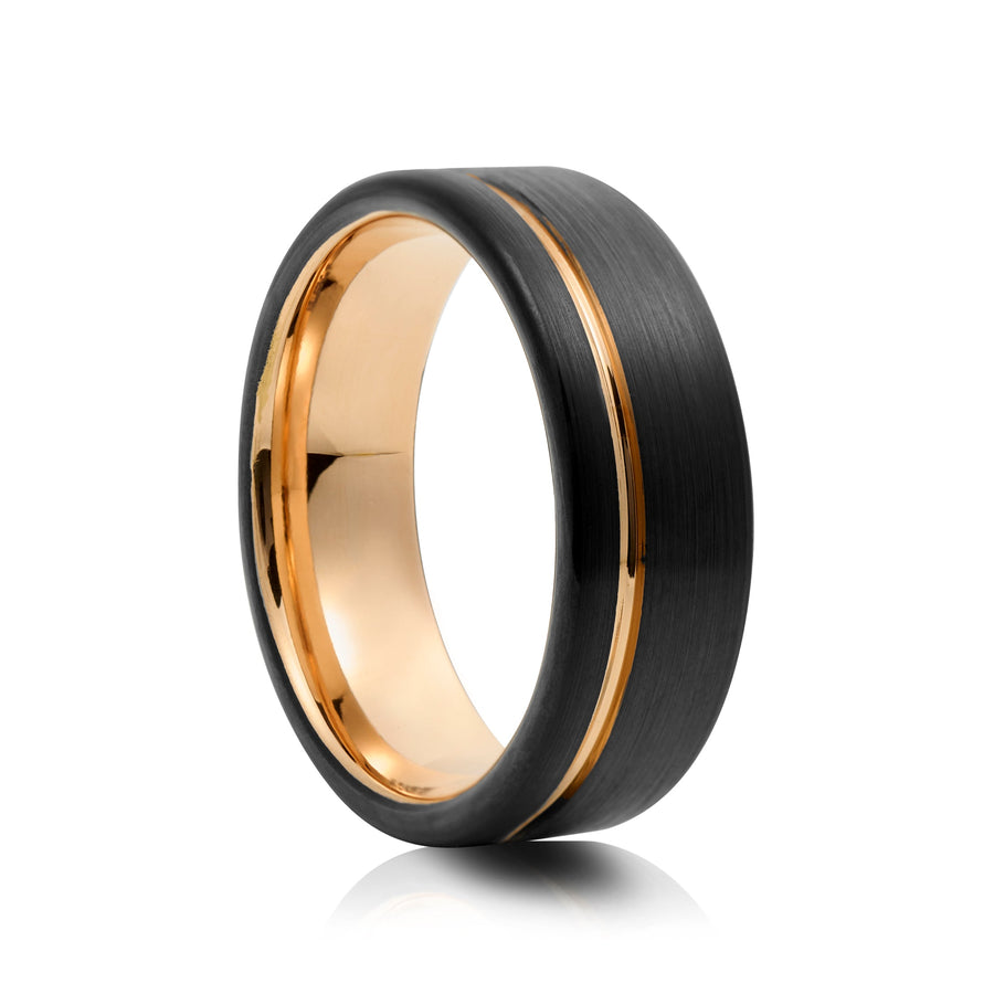 8mm Polished Tungsten Ring with Grooved Centre Band - UK Ring Size M